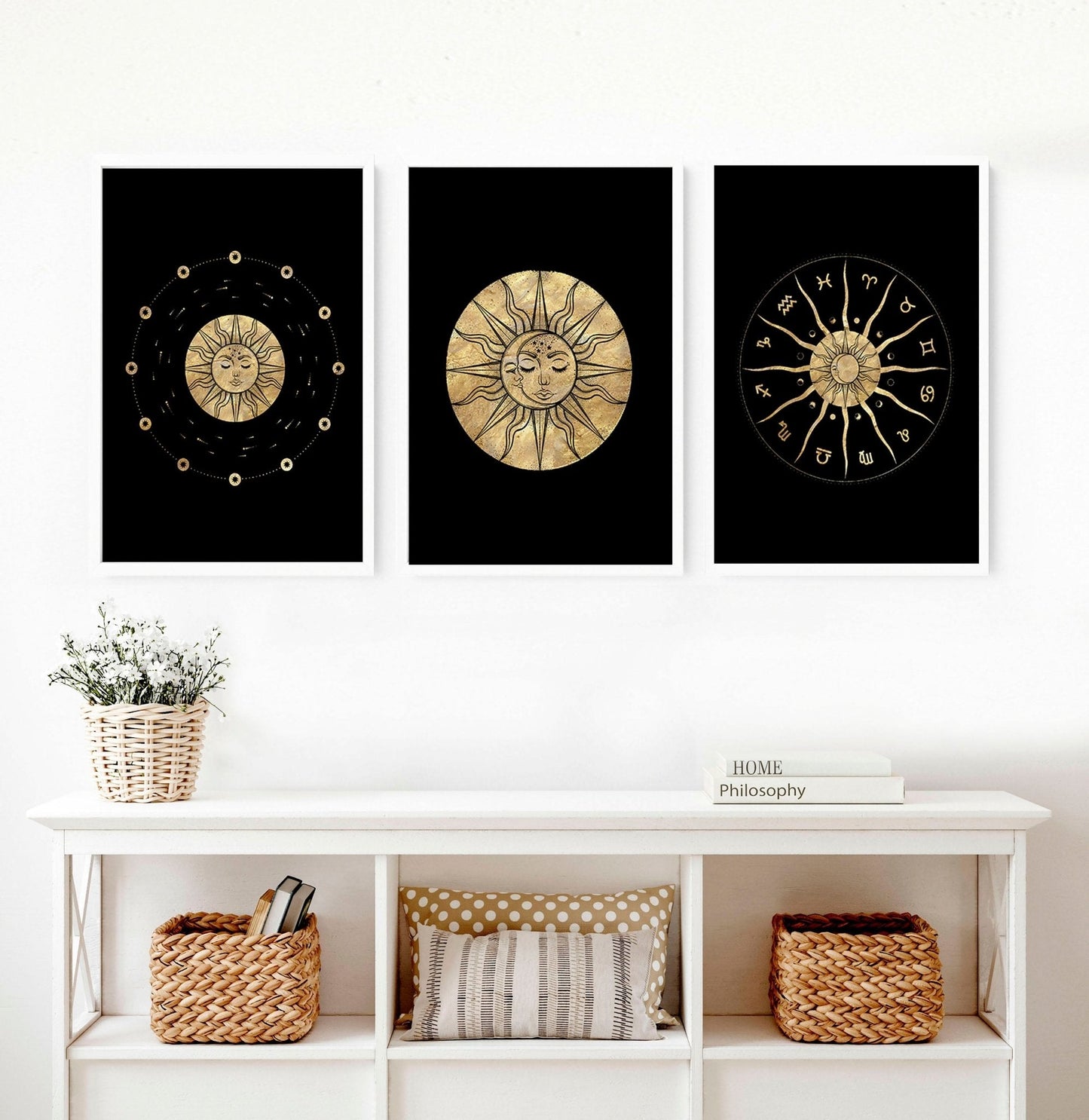 Sun and moon drawing  | set of 3 framed wall art