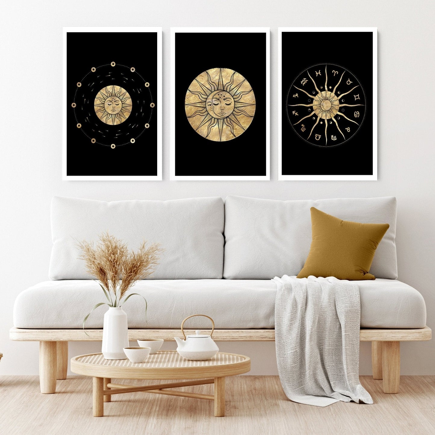 Sun and moon drawing  | set of 3 framed wall art