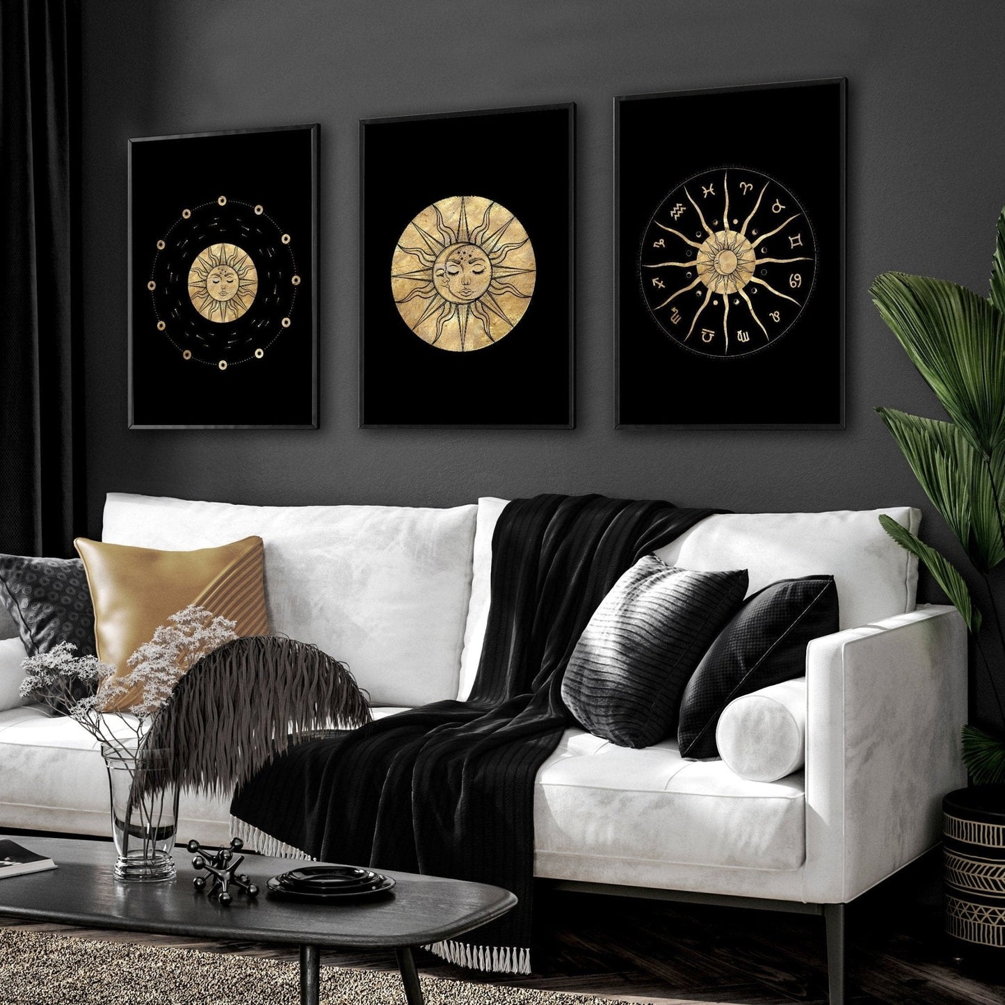 Sun and moon drawing  | set of 3 framed wall art