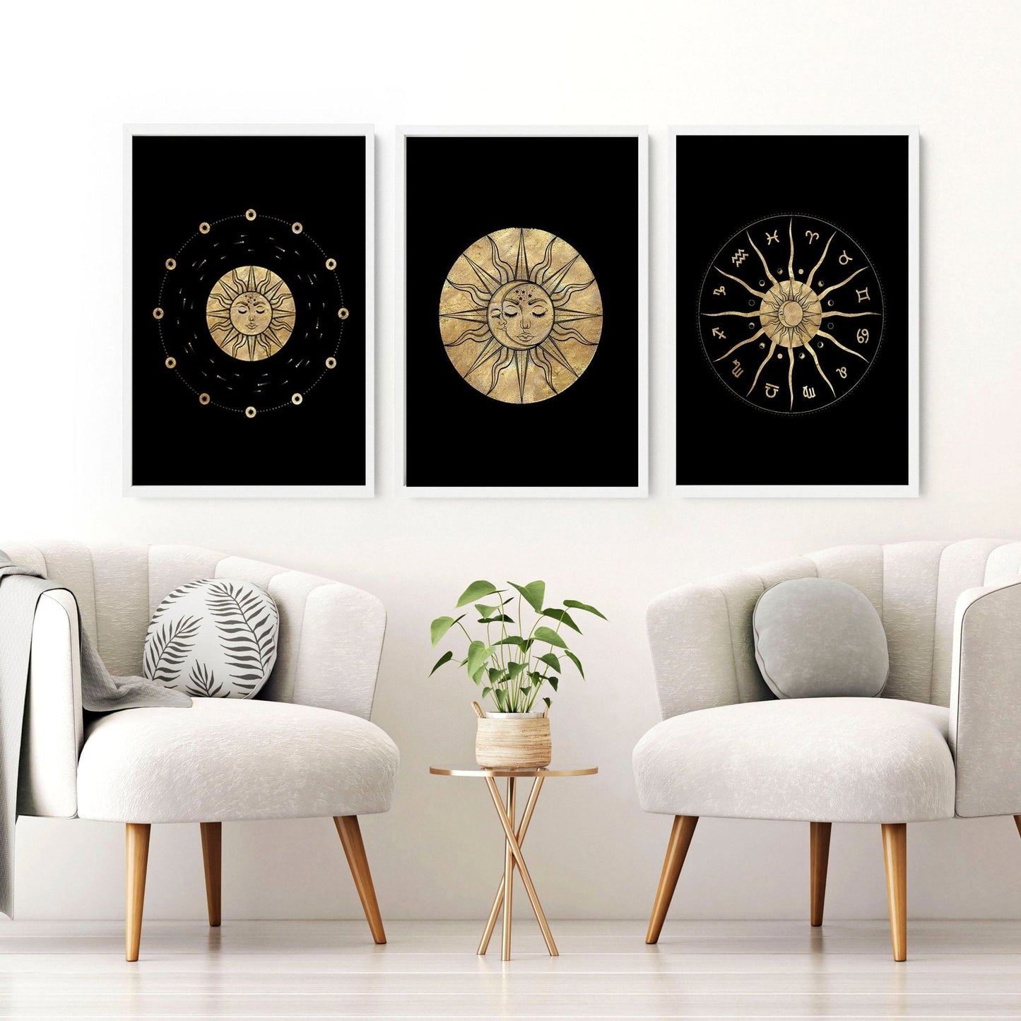 Sun and moon drawing  | set of 3 framed wall art