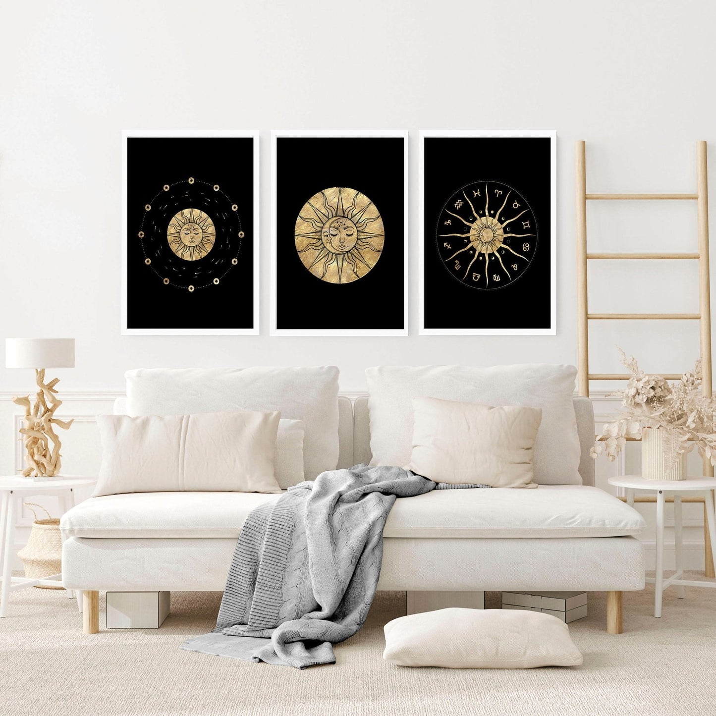 Sun and moon drawing  | set of 3 framed wall art