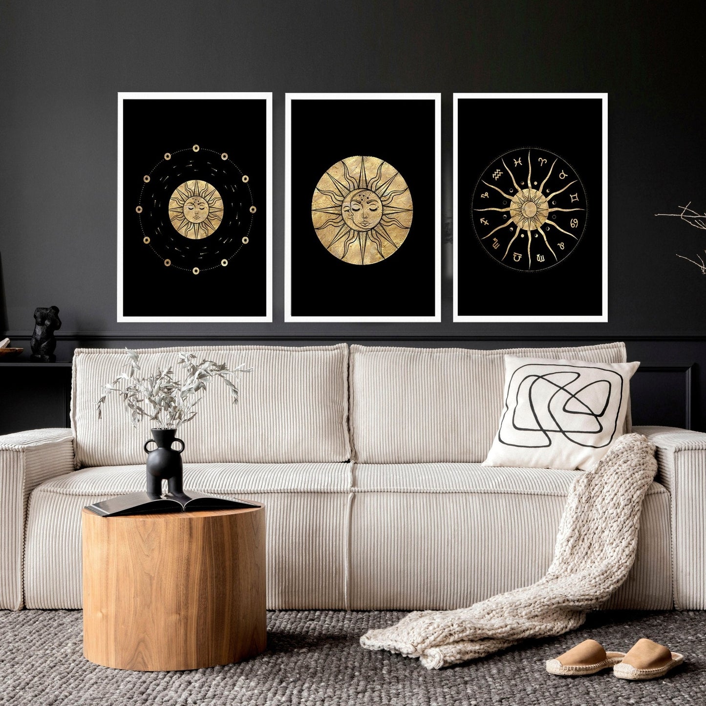 Sun and moon drawing  | set of 3 framed wall art